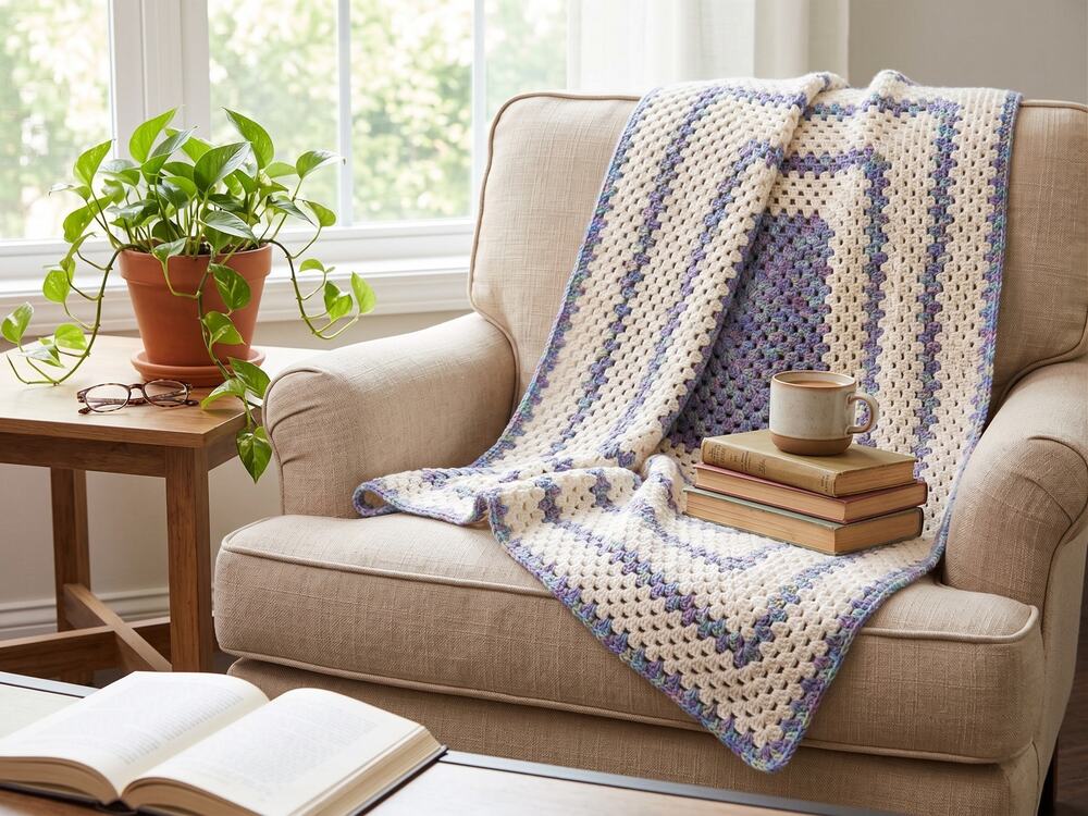 Vintage Crochet Granny Square Blanket Throw Blanket Pastel Purple Cream 44x44